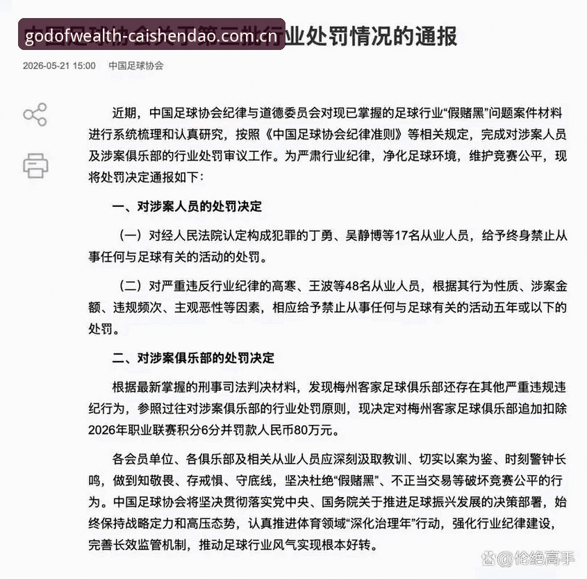 财神到新版注册 中国足协第三批禁足名单出炉——65人受罚背后的5大违规类型与行业警示